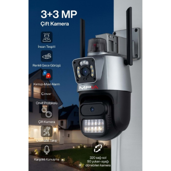  3 MP + 3 MP Çift Lens Wi-Fi TF Kart Girişli Güvenlik Kamerası 