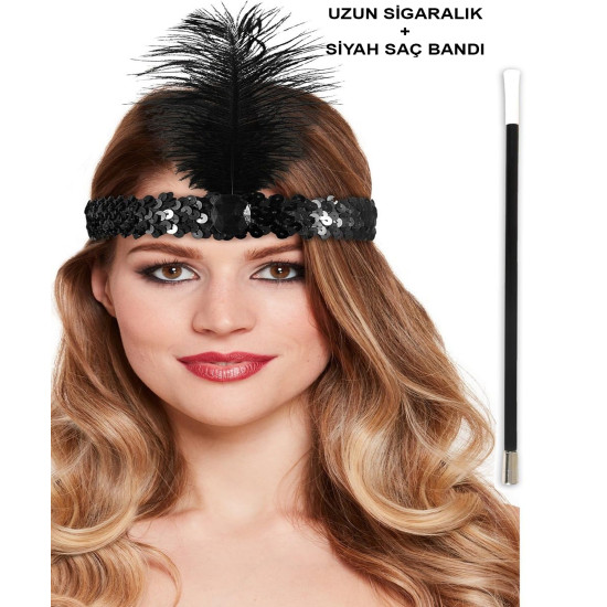 Siyah Retro Charliston Saç Bandı & Sigaralık