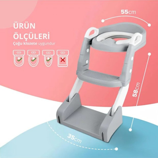 Gri Merdivenli Çocuk Klozet Tuvalet Eğitimi Aparatı