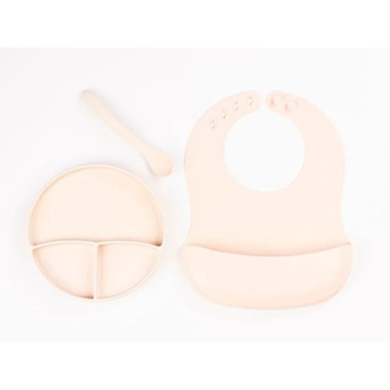 Krem Rengi 3’lü Silikon Yemek Seti – Önlük + Diş Kaşıyıcılı Kaşık + Vakumlu Tabak Krem Rengi 3’lü Silikon Yemek Seti – Önlük + Diş Kaşıyıcılı Kaşık + Vakumlu Tabak
