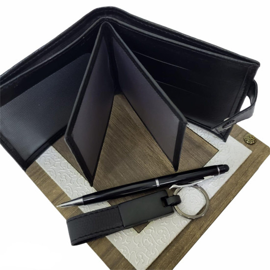 Ahşap Deri Kutulu Siyah Renk 3 lü Hediye Seti - Kalem, Cüzdan, Anahtar