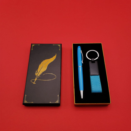 Mavi Metal Deri Anahtarlık ve Kalem Seti