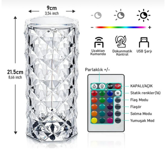 Kristal LED Kumandalı Ve Dokunmatik Masa Lambası Kristal LED Kumandalı Ve Dokunmatik Masa Lambası