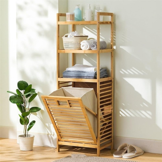 3 Organizer Raflı Ahşap Bambu Çek-Aç Kirli Sepeti 3 Organizer Raflı Ahşap Bambu Çek-Aç Kirli Sepeti