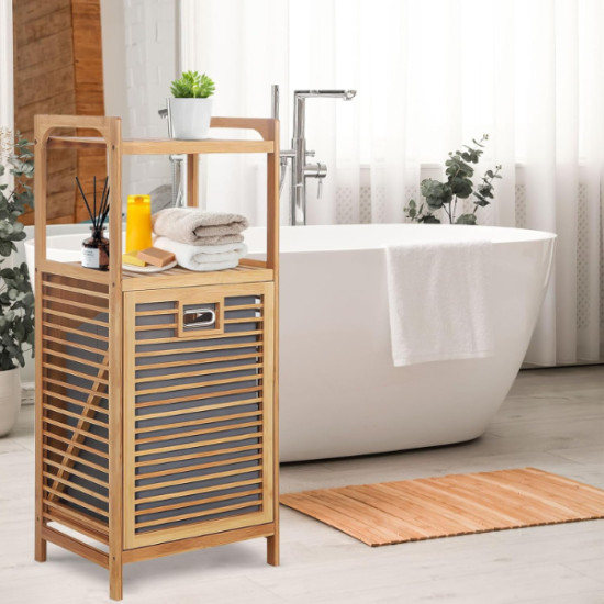 2 Organizer Raflı Ahşap Bambu Çek-Aç Kirli Sepeti 2 Organizer Raflı Ahşap Bambu Çek-Aç Kirli Sepeti