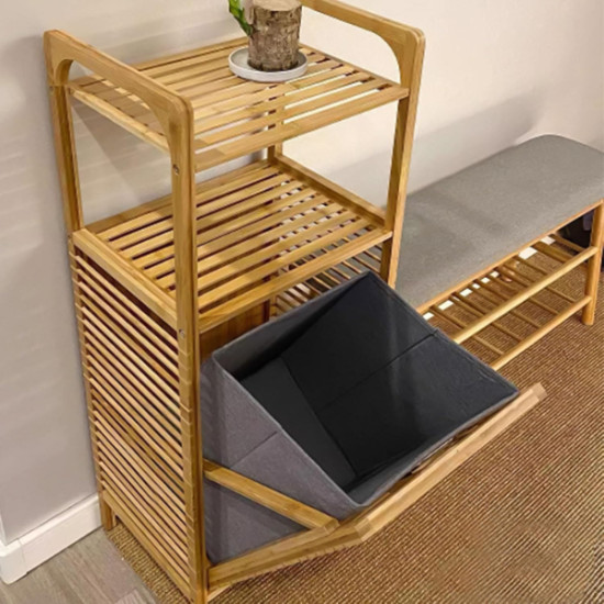 2 Organizer Raflı Ahşap Bambu Çek-Aç Kirli Sepeti 2 Organizer Raflı Ahşap Bambu Çek-Aç Kirli Sepeti