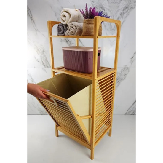 2 Organizer Raflı Ahşap Bambu Çek-Aç Kirli Sepeti 2 Organizer Raflı Ahşap Bambu Çek-Aç Kirli Sepeti