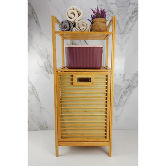 2 Organizer Raflı Ahşap Bambu Çek-Aç Kirli Sepeti 2 Organizer Raflı Ahşap Bambu Çek-Aç Kirli Sepeti