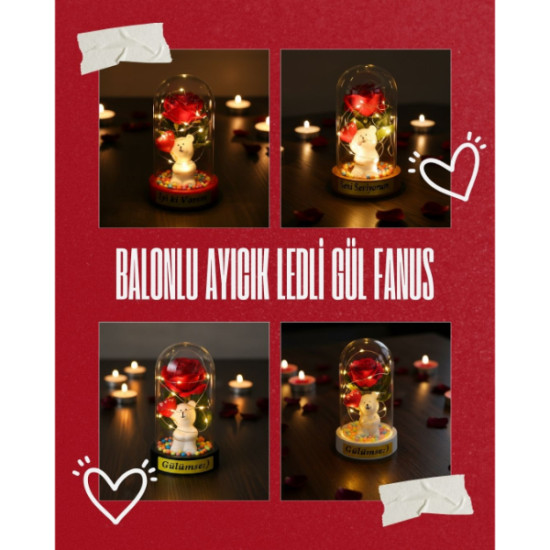 Balonlu Ayıcık Ledli Gül Fanus 
