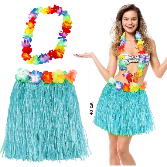 Hawaii Luau Aloha Mavi Püsküllü 40 cm Etek ve Hawaii Kolye Seti Hawaii Luau Aloha Mavi Püsküllü 40 cm Etek ve Hawaii Kolye Seti