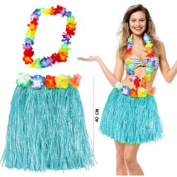 Hawaii Luau Aloha Mavi Püsküllü 40 cm Etek ve Hawaii Kolye Seti  Hawaii Luau Aloha Mavi Püsküllü 40 cm Etek ve Hawaii Kolye Seti