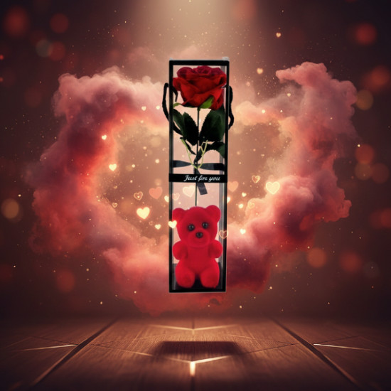 Ayıcıklı Şeffaf Kutulu Tekli Gül 