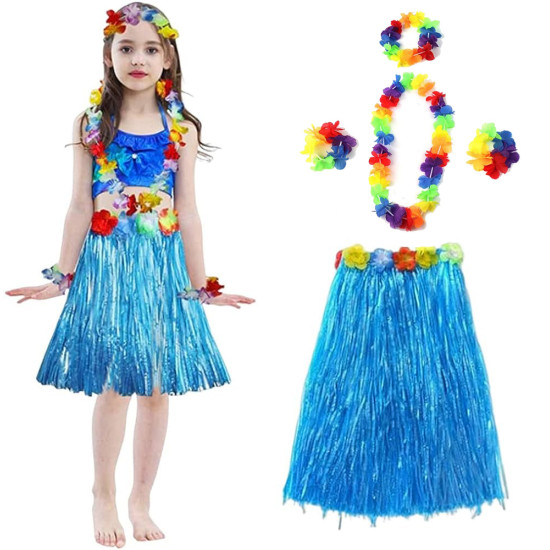 Yetişkin ve Çocuk Uyumlu Hawaii Luau Aloha Mavi Püsküllü Etek Kolye Taç ve 2 Adet Bileklik Seti Yetişkin ve Çocuk Uyumlu Hawaii Luau Aloha Mavi Püsküllü Etek Kolye Taç ve 2 Adet Bileklik Seti