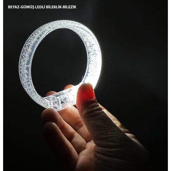 Beyaz-Gümüş Led Işıklı Baskı Yapılabilen Pilli Bileklik Bilezik