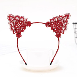 Dantelli Kırmızı Kedi Tacı - Vintage Tarz Dantel Kedi Kulak Dantelli Kırmızı Kedi Tacı - Vintage Tarz Dantel Kedi Kulak