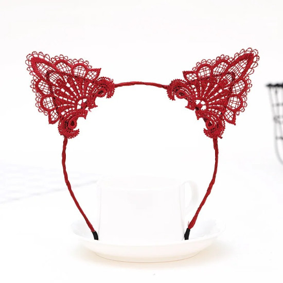 Dantelli Kırmızı Kedi Tacı - Vintage Tarz Dantel Kedi Kulak