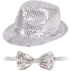 Gümüş Payetli Şapka ve Papyon Seti – Parıltılı Yetişkin Kostüm Seti Gümüş Payetli Şapka ve Papyon Seti – Parıltılı Yetişkin Kostüm Seti