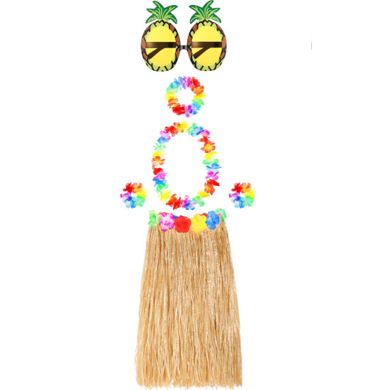 Hawaii Parti Kostüm Seti - 60 cm Hasır Etek, Çiçekli Aksesuarlar ve Ananas Gözlük Hawaii Parti Kostüm Seti - 60 cm Hasır Etek, Çiçekli Aksesuarlar ve Ananas Gözlük