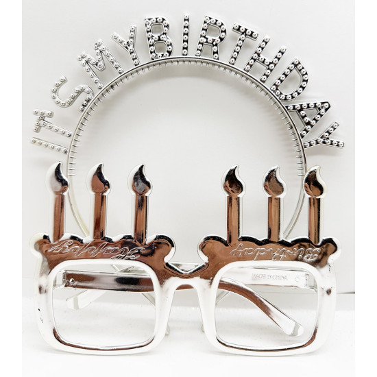 İt s My Birthday Yazılı Taç ve Mum Şekilli Gözlük Seti Gümüş Renk