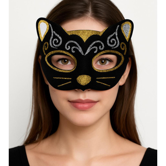 Kadife Dokulu Simli Kedi Maskesi Altın Gümüş Detaylı Kadife Dokulu Simli Kedi Maskesi Altın Gümüş Detaylı