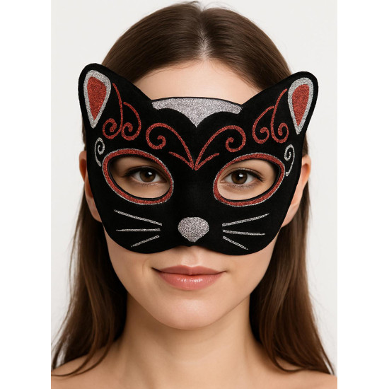 Kadife Dokulu Simli Kedi Maskesi Kırmızı Gümüş Detaylı Kadife Dokulu Simli Kedi Maskesi Kırmızı Gümüş Detaylı