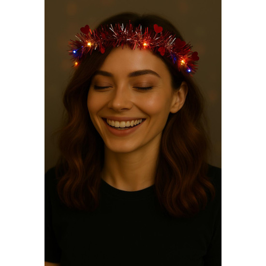 Kalp Püsküllü 3 Modlu LED Işıklı Taç Kırmızı Renk