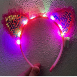 Pembe Pullu Led Işıklı Kedi Kulak Taç Pembe Pullu Led Işıklı Kedi Kulak Taç