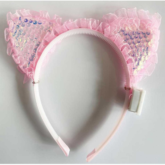 Pembe Pullu Led Işıklı Kedi Kulak Taç Pembe Pullu Led Işıklı Kedi Kulak Taç
