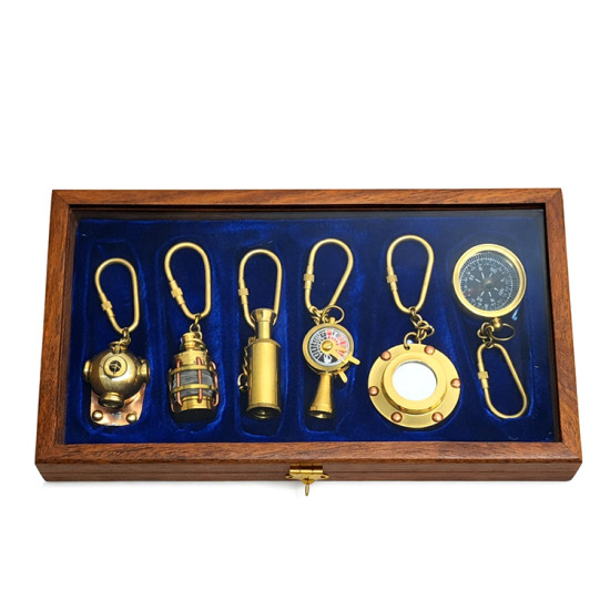 Ahşap Kutulu Denizci Temalı Pirinç Anahtarlık Seti 