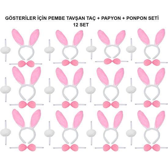 Pembe Tavşan Kostüm Seti – Taç, Papyon, Ponpon (12’li Paket) Pembe Tavşan Kostüm Seti – Taç, Papyon, Ponpon (12’li Paket)