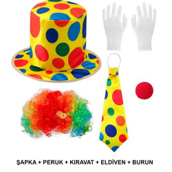 Renkli Palyaço Kostüm Seti – 5 Parça Aksesuar  Renkli Palyaço Kostüm Seti – 5 Parça Aksesuar