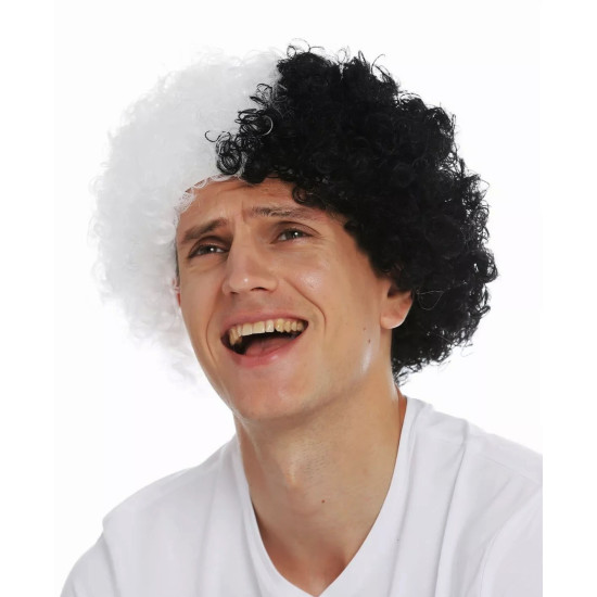 Siyah Beyaz Kıvırcık Afro Bonus Taraftar Peruğu Siyah Beyaz Kıvırcık Afro Bonus Taraftar Peruğu