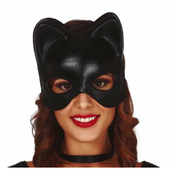 Siyah Deri Görünümlü Kedi Maskesi 