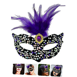 Siyah Kadife Payetli Pullu Mor Tüylü Parti Maskesi