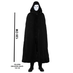 Siyah Kapüşonlu 120 cm Pelerin ve Beyaz Boyanabilir Tam Yüz Maske Siyah Kapüşonlu 120 cm Pelerin ve Beyaz Boyanabilir Tam Yüz Maske