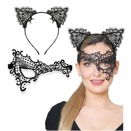 Siyah Dantel Maske ve Kulak Taç Seti No 13 Siyah Dantel Maske ve Kulak Taç Seti No 13