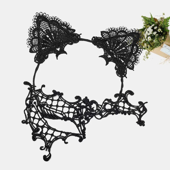 Siyah Dantel Maske ve Kulak Taç Seti No 13 Siyah Dantel Maske ve Kulak Taç Seti No 13