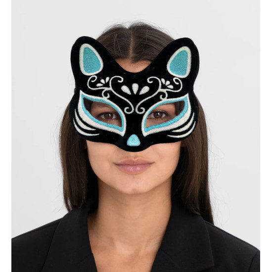 Siyah Süet Gümüş Mavi Simli Kedi Maskesi Siyah Süet Gümüş Mavi Simli Kedi Maskesi