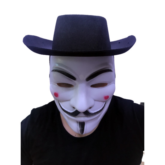 Siyah Renkli Delikli Çocuk Boy Vendetta Şapkası ve Vendetta Maskesi Siyah Renkli Delikli Çocuk Boy Vendetta Şapkası ve Vendetta Maskesi