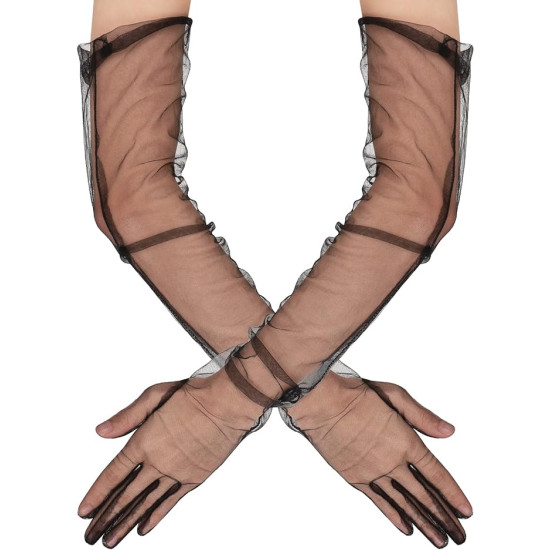 Uzun Boy Likralı Siyah Yetişkin Mega Tül Eldiven