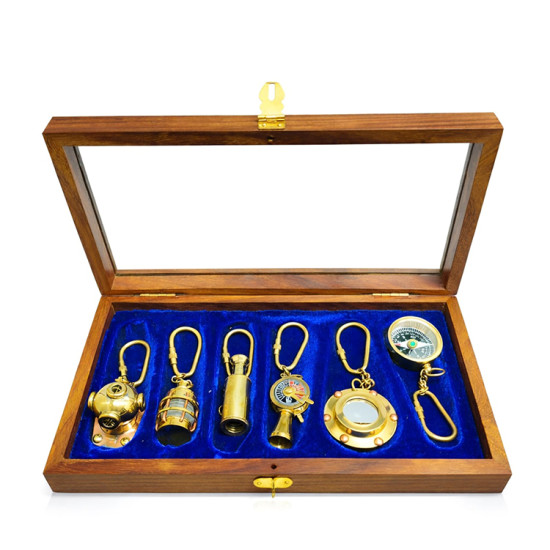 Ahşap Kutulu Denizci Temalı Pirinç Anahtarlık Seti