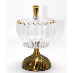 Metal Ayaklı Kristal Cam Şekerlik Gold Detaylı Sunumluk