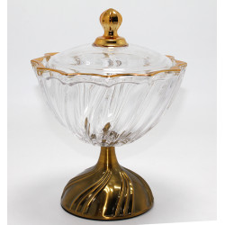 Metal Ayaklı Kristal Cam Şekerlik Gold Detaylı Sunumluk