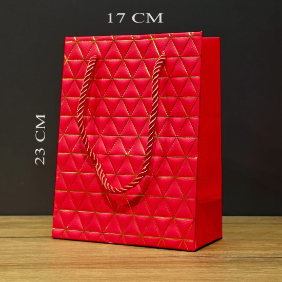 Kırmızı Geometrik Desenli Orta Boy Karton Hediye Çantası
