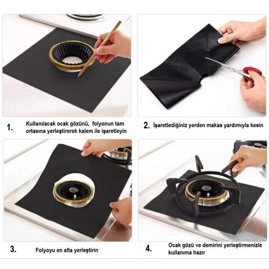 Siyah Renk Ocak Koruyucu Folyo Yanmaz Yapışmaz 4'lü Set