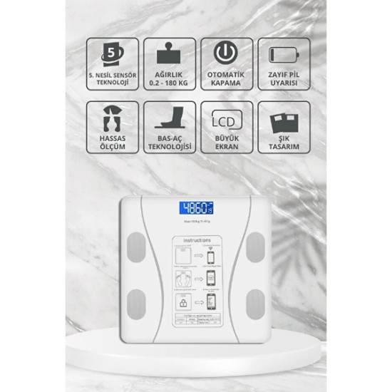 Beyaz Renk Bluetooth Özellikli Akıllı Tartı