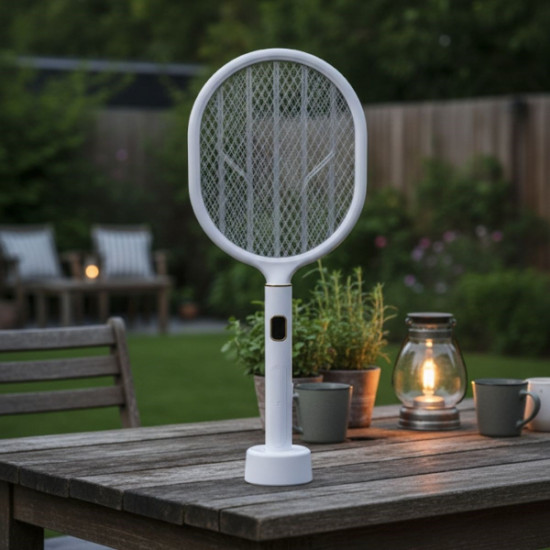 USB Şarjlı Standlı Şarj Göstergeli UV Işıklı Beyaz Sinek Öldürme Raketi