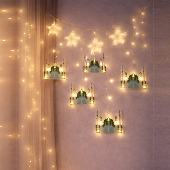 3 mt Fişli Yeşil Cami Yıldız Ramazan Perde LED